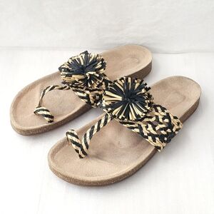 Ulla Johnson Black and Natural Braided Raffia Toe-Loop Sandals